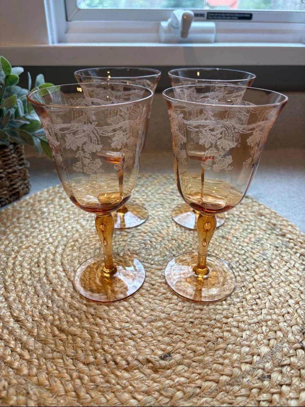 (4) Vintage Amber Etched Wine Glasses - Depression Era